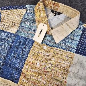 Ouku Patchwork Abstract Print Short Sleeve Button Front Shirt Men's Medium Retro